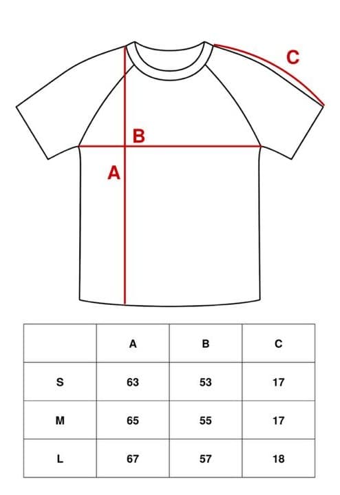 T-shirt size chart — garment diagram with measurements in cm per size