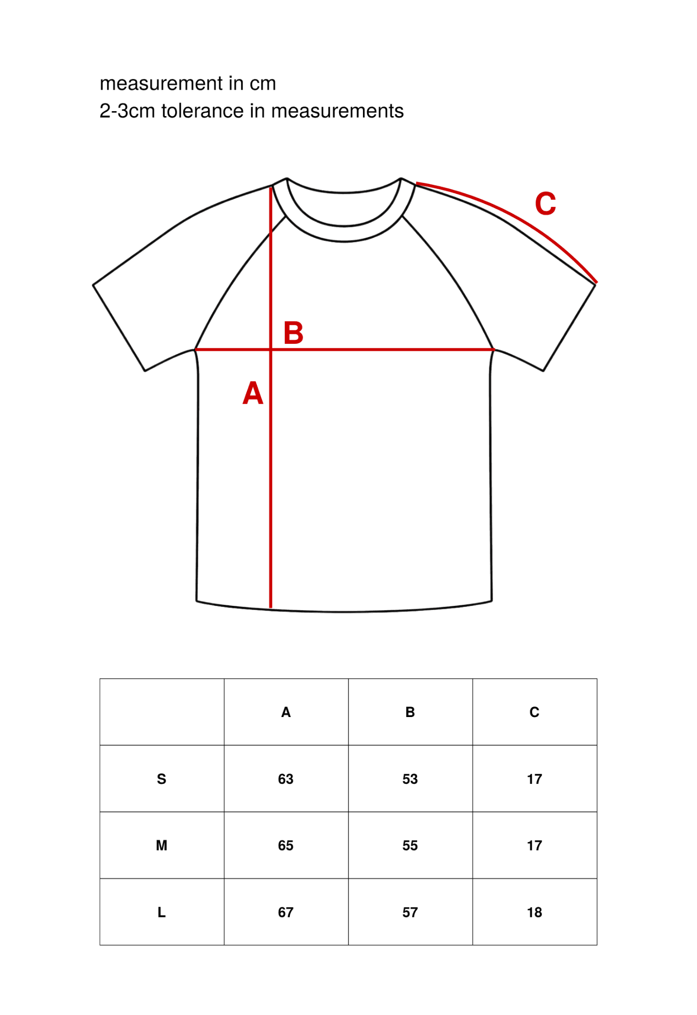 Maroon Raglan Tee size chart — garment diagram with measurements in cm per size