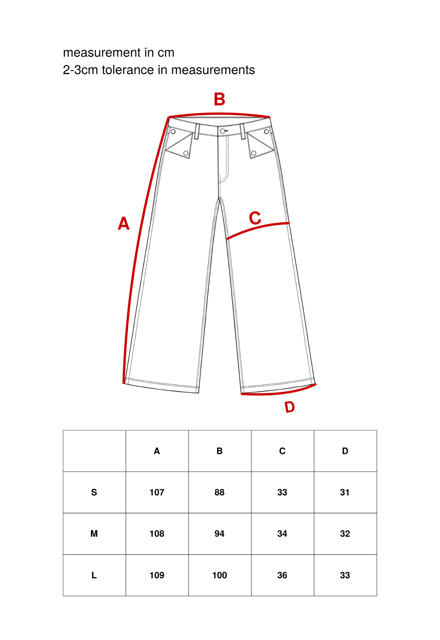 flare size chart — garment diagram with measurements in cm per size